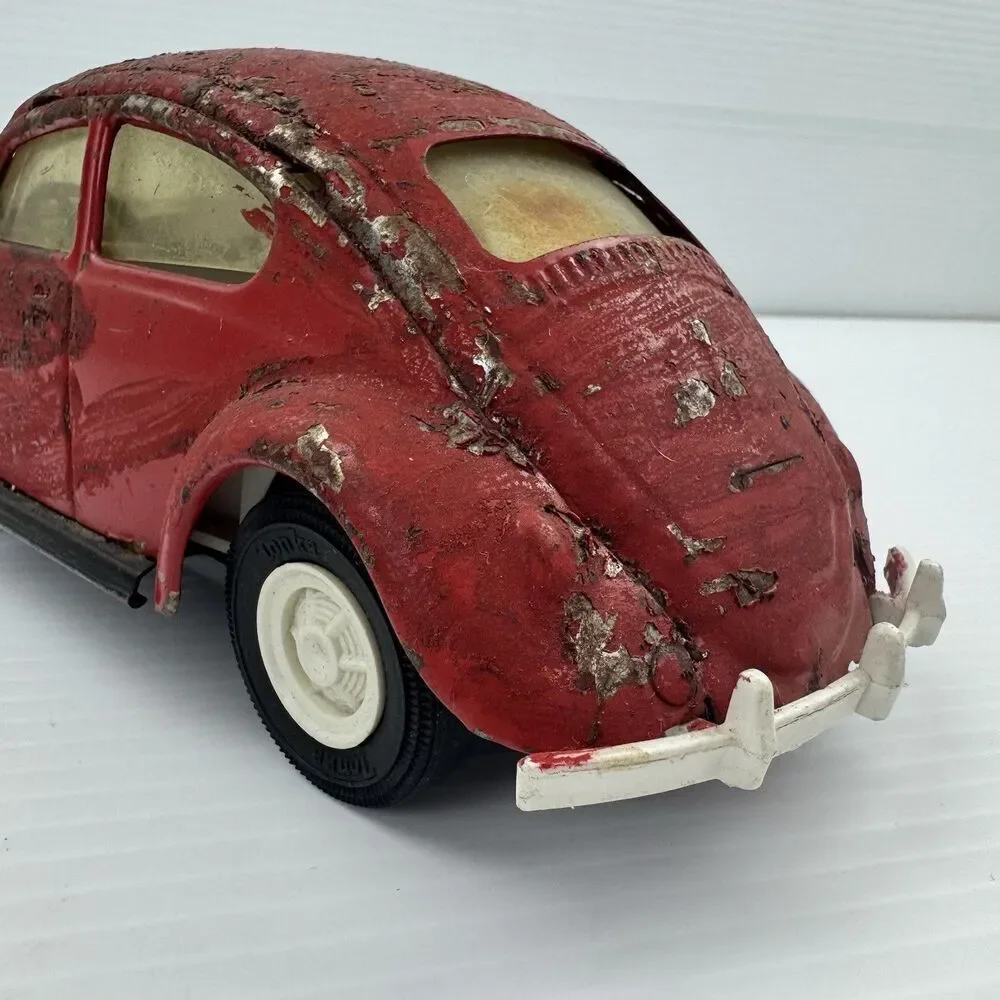 Vintage Tonka VW Bug Beetle Toy Car Red Distressed Metal Large Scale
